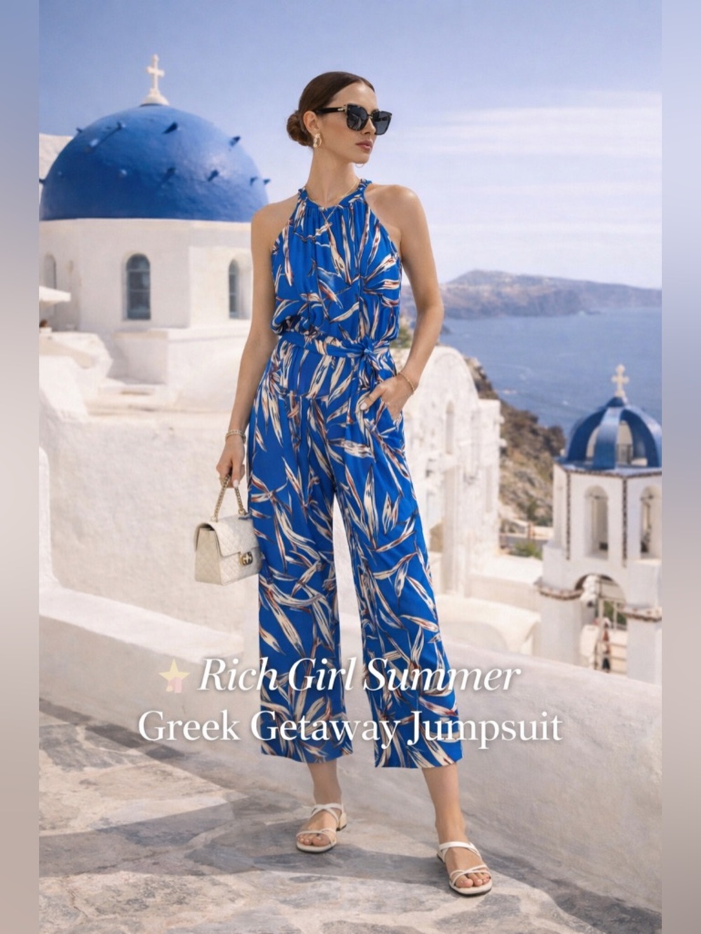 Blogger Favorite Blue Tropical Print Cropped Jumpsuit ✨ Greece Vacation Luxe